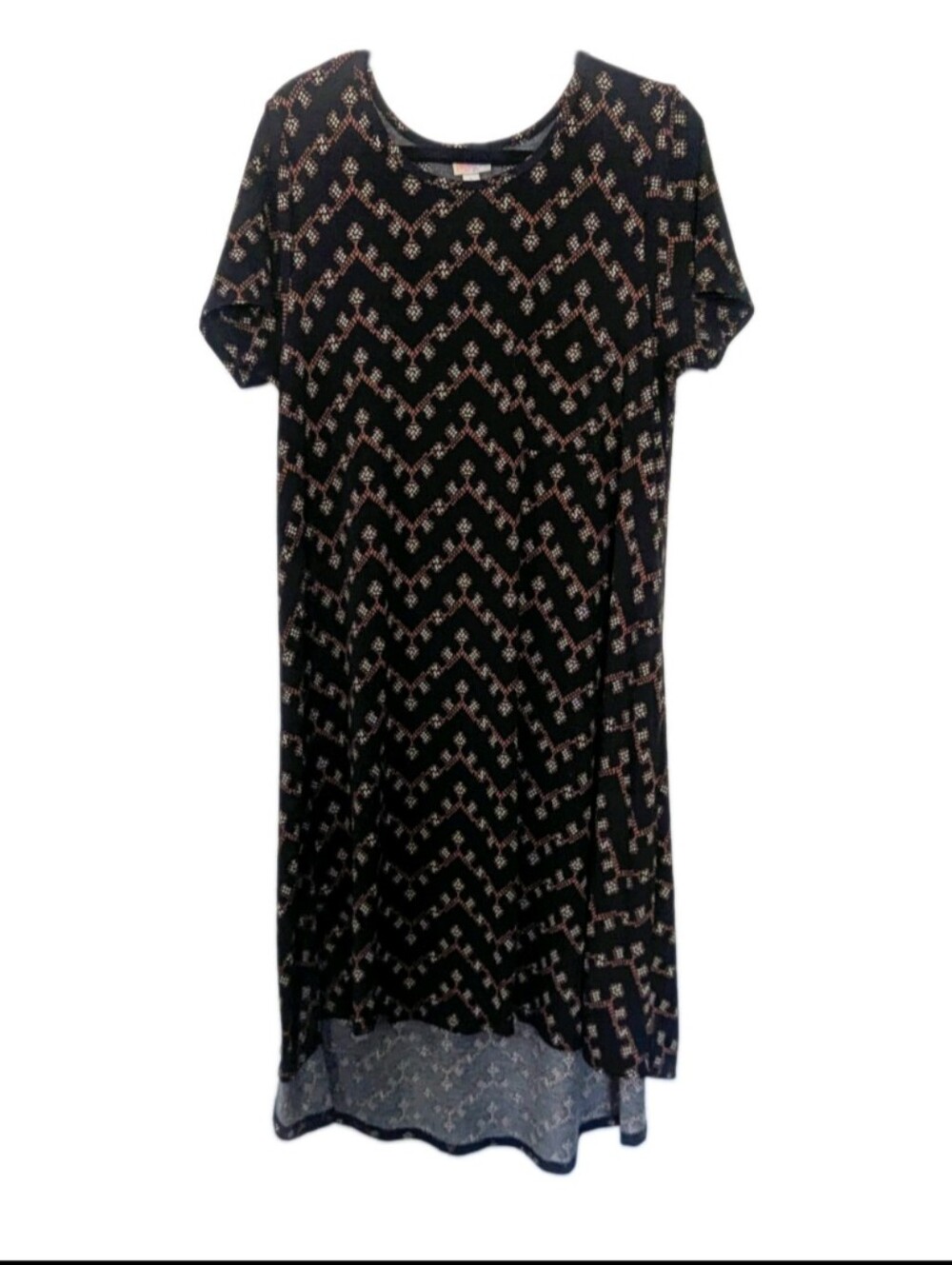 LuLaRoe Swing Dress Womens size Large Black Brown Hi-Low Carly Pocket Round Neck